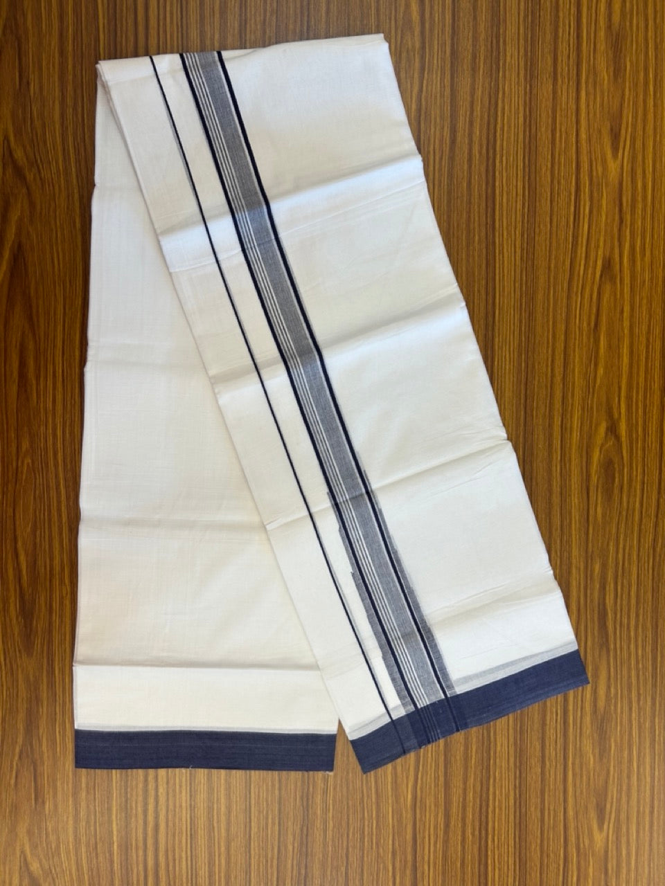 20% Discount ! Kaitharikada Balaramapuram 100% Pure Cotton Double Pure White Mundu/Dhoti - 100x80 - 1.5 inch Navy Blue shaded striped chutty 3.90 mtr (8.5 muzham) - 74 KK5287 PMC