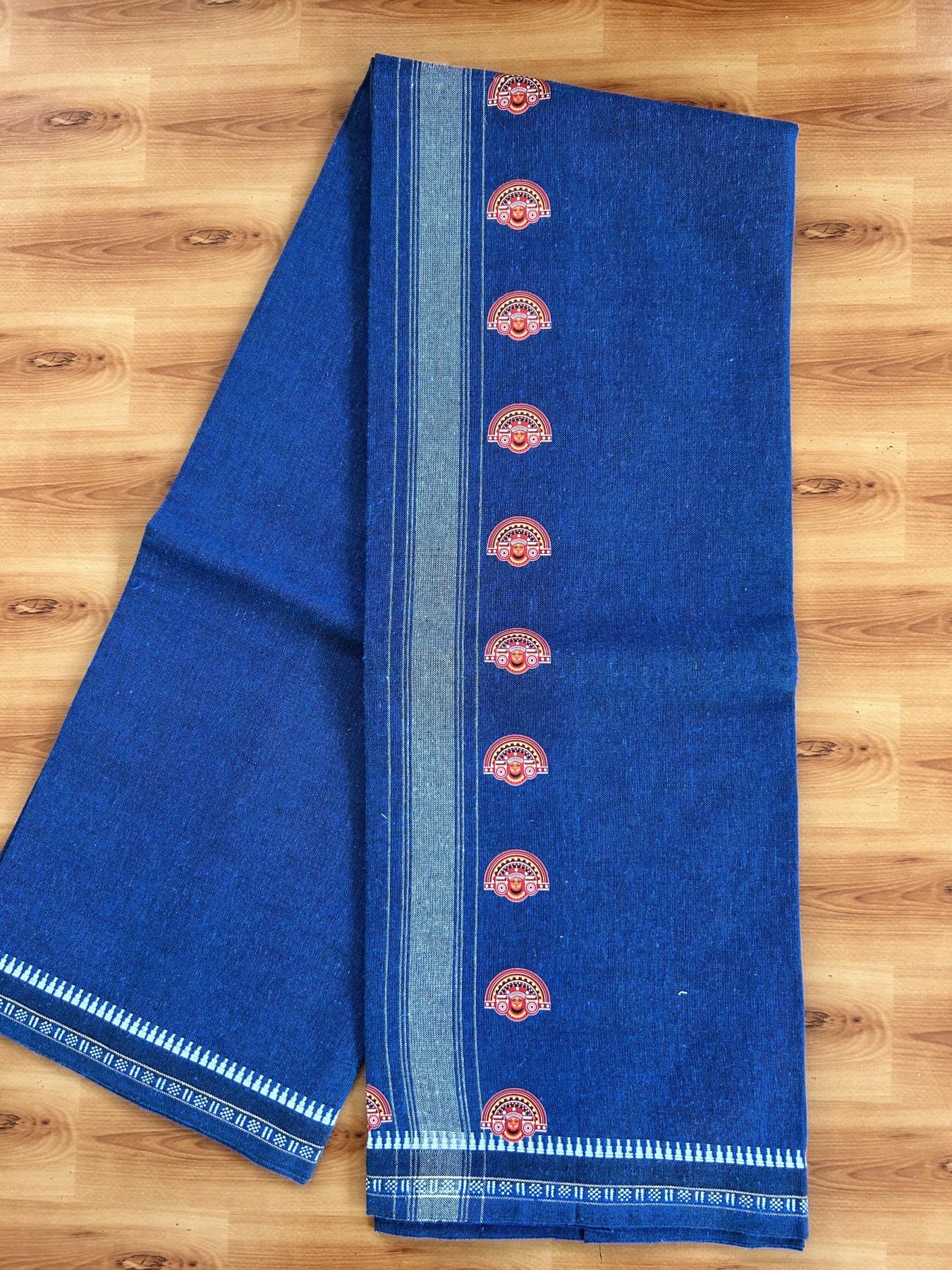 Single Kaily / Lungi - Mixed Cotton - 40s twisted - Theyyam Design Printed Kuppadam 2 inch White Stripes Kara with Dark Blue Colour Body (2 meter / 4 muzham) - 4 KK5423 GAN