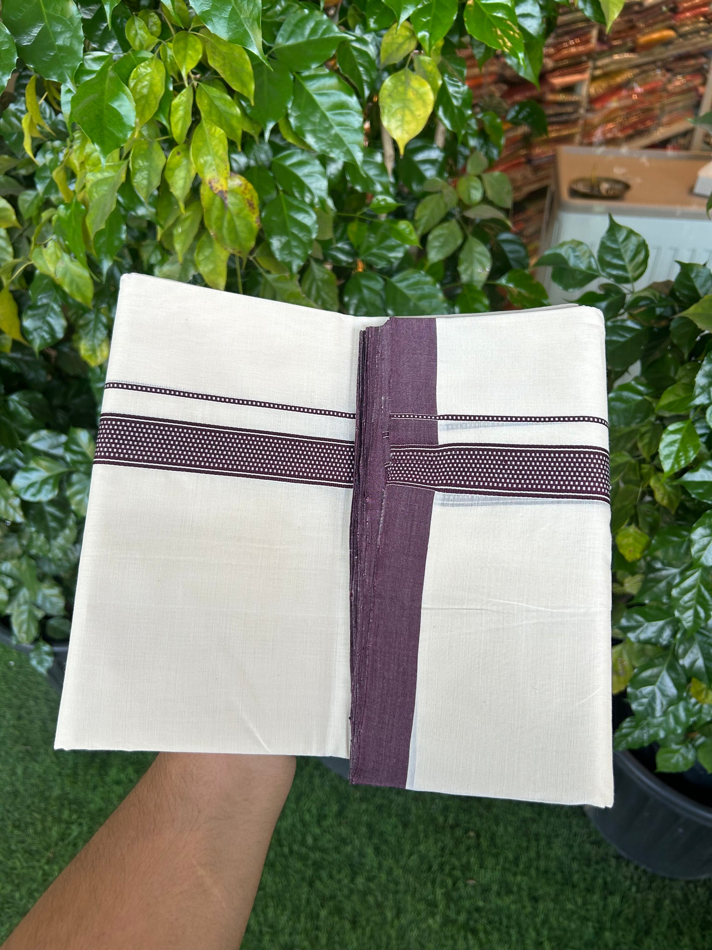 25% Discount!! KaithariKada Handloom Unakkupaav - Kerala Handloom - 100% Pure Cotton Off White (Unbleached) Double Mundu/Dothi - 100x80 - 1 inch Wine Purple Stripes Kara 3.80 mtr (8 muzham) - 27 KK5353 REA