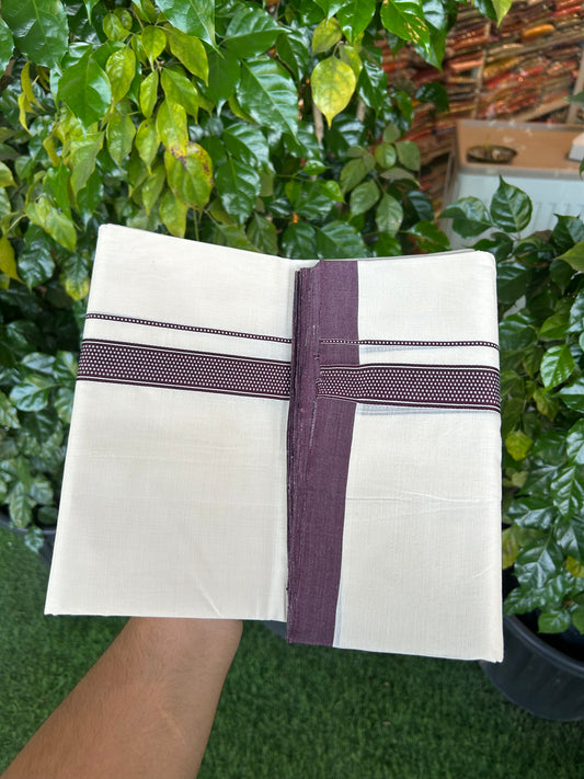 25% Discount!! KaithariKada Handloom Unakkupaav - Kerala Handloom - 100% Pure Cotton Off White (Unbleached) Double Mundu/Dothi - 100x80 - 1 inch Wine Purple Stripes Kara 3.80 mtr (8 muzham) - 27 KK5353 REA