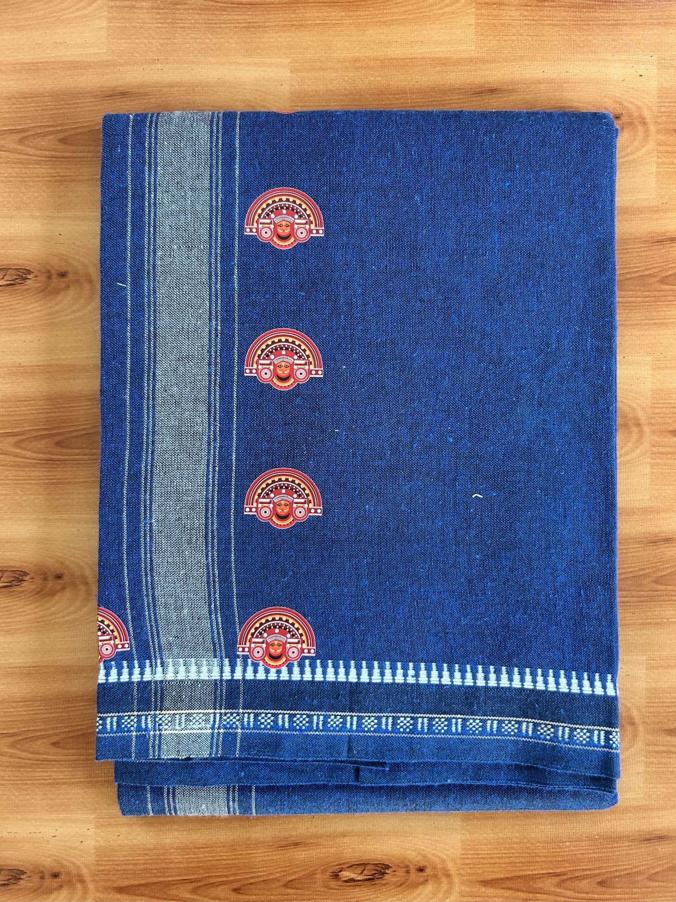 Single Kaily / Lungi - Mixed Cotton - 40s twisted - Theyyam Design Printed Kuppadam 2 inch White Stripes Kara with Dark Blue Colour Body (2 meter / 4 muzham) - 4 KK5423 GAN