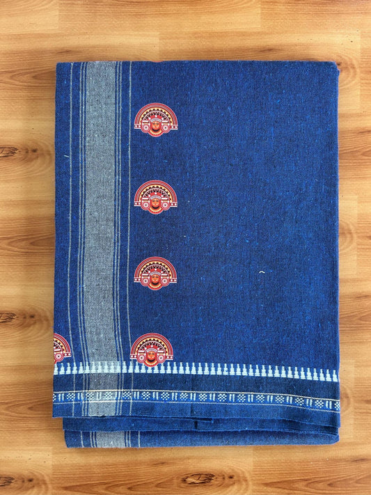 Single Kaily / Lungi - Mixed Cotton - 40s twisted - Theyyam Design Printed Kuppadam 2 inch White Stripes Kara with Dark Blue Colour Body (2 meter / 4 muzham) - 4 KK5423 GAN