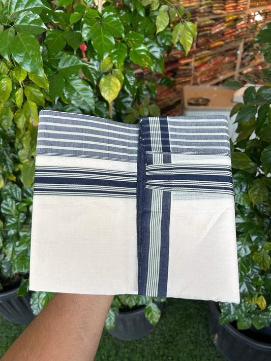 25% Discount!! KaithariKada Handloom Unakkupaav - Kerala Handloom - 100% Pure Cotton Off White (Unbleached) Double Mundu/Dothi - 100x80 - 4.5 inch Navy Blue & Pastel Green Stripes Kara 3.80 mtr (8 muzham) - 21 KK5353 REA