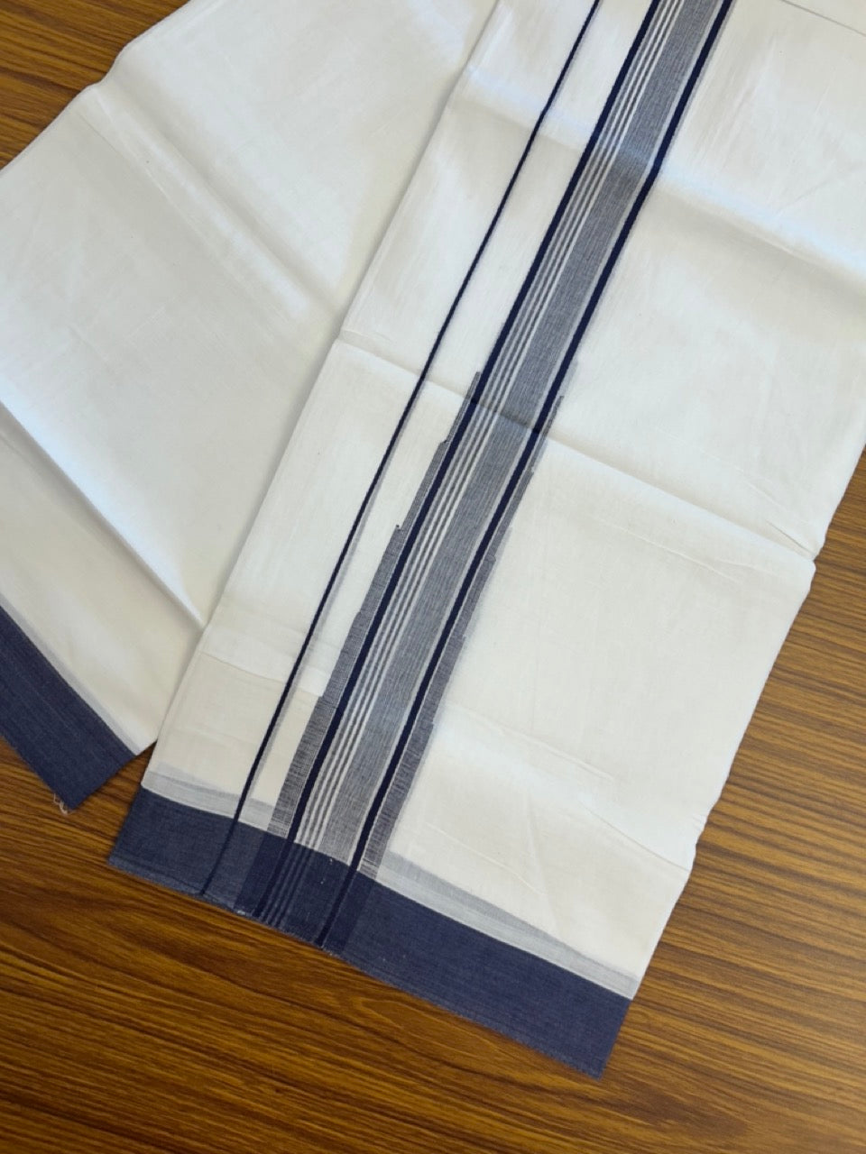 20% Discount ! Kaitharikada Balaramapuram 100% Pure Cotton Double Pure White Mundu/Dhoti - 100x80 - 1.5 inch Navy Blue shaded striped chutty 3.90 mtr (8.5 muzham) - 74 KK5287 PMC