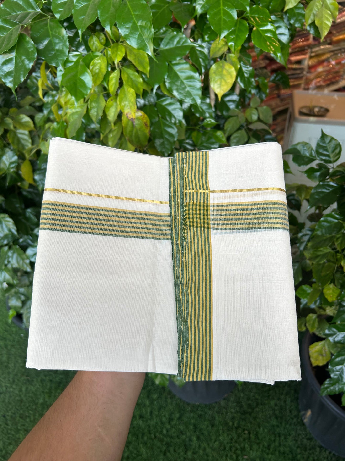 25% Discount!! KaithariKada Handloom Unakkupaav - Kerala Handloom - 100% Pure Cotton Off White (Unbleached) Double Mundu/Dothi - 100x80 - 1.25 inch Pure Jerry Gold Kasav Mustard Yellow & Green shaded Stripes Kara 3.80 mtr (8 muzham) - 34 KK5353 REA