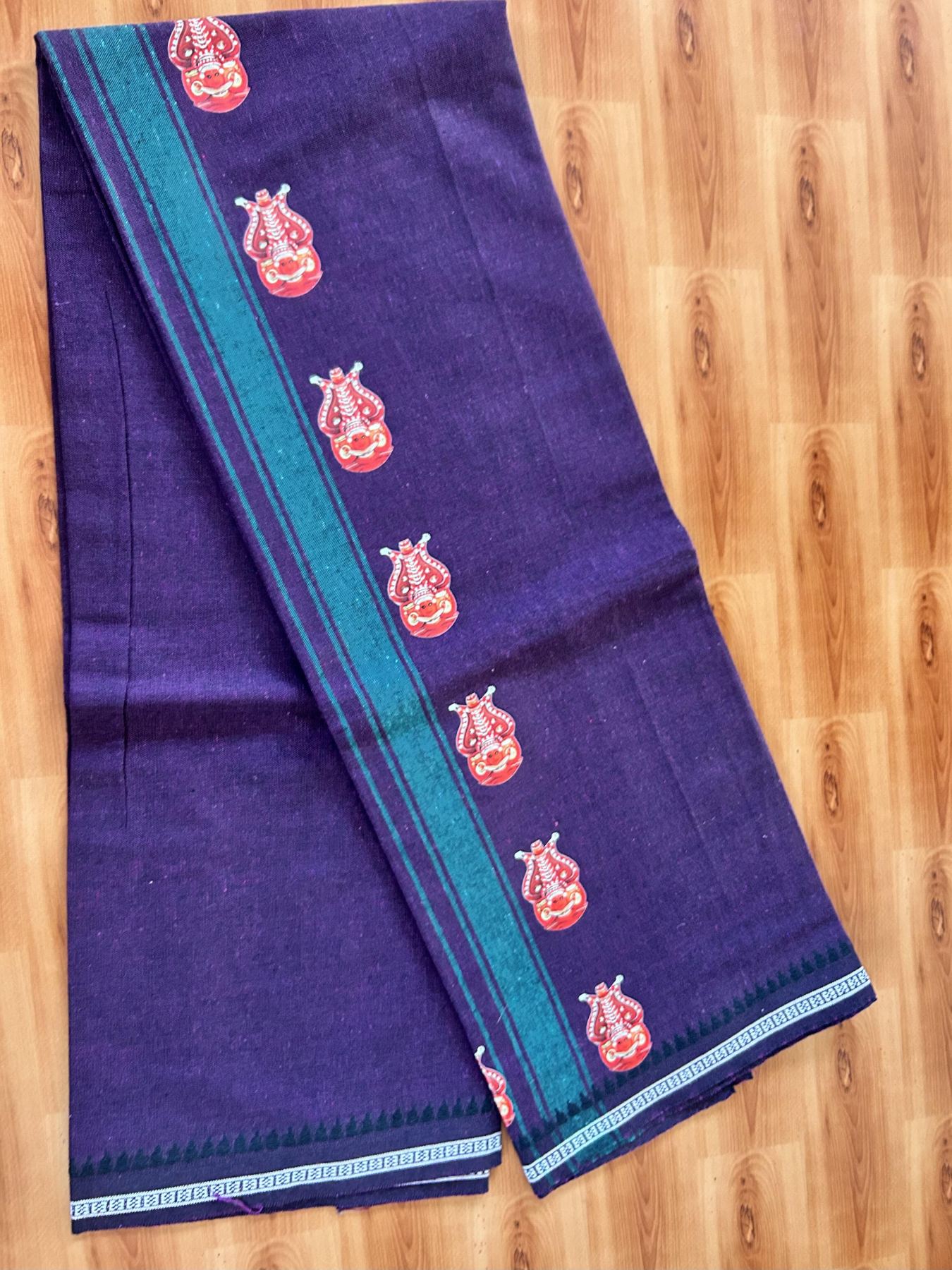 Single Kaily / Lungi - Mixed Cotton - 40s twisted - Theyyam Design Printed Kuppadam 1.75 inch Jade Green Stripes Kara with Dark Purple Colour Body (2 meter / 4 muzham) - 10 KK5423 GAN
