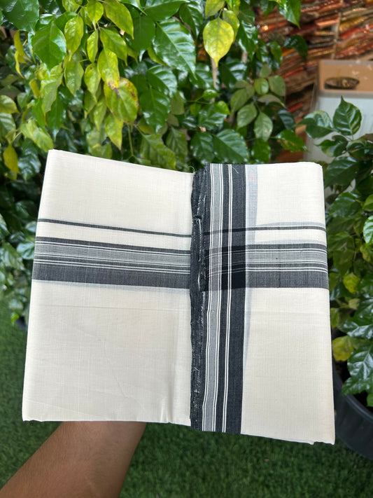 25% Discount!! KaithariKada Handloom Unakkupaav - Kerala Handloom - 100% Pure Cotton Off White (Unbleached) Double Mundu/Dothi - 100x80 - 1.5 inch Black shaded Stripes Kara 3.80 mtr (8 muzham) - 28 KK5353 REA