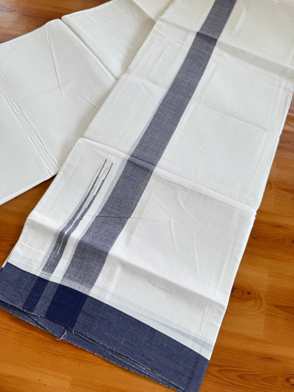 Pure White Double Mundu/Dhoti - 20% Discount ! Kaitharikada Balaramapuram 100% Cotton - 100x80 - 1.5 inch Puliyilakkara Navy Blue Chutty Kara  3.90 mtr (8 muzham) - 3 KK5505 VAS