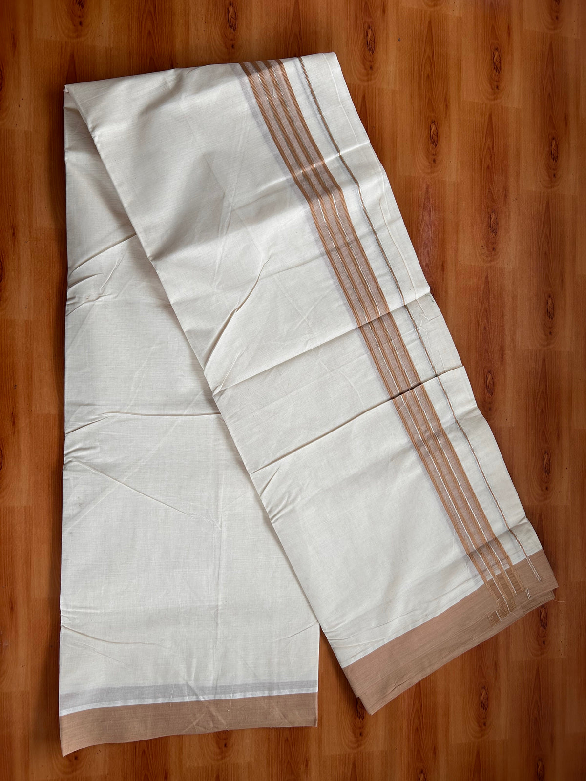 Double Off White (Unbleached) Mundu/Dhoti - 20% Discount! Kaitharikada 100% Pure Cotton - 100x80 - 1.5 inch Silver Kasav & Peanut Brown striped shaded Kara 4 mtr (8.5 muzham) - 17 KK5540 PMC