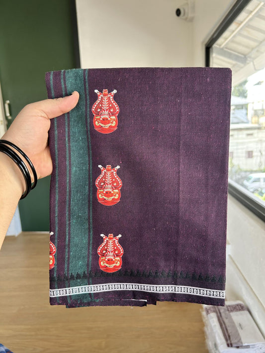 Single Kaily / Lungi - Mixed Cotton - 40s twisted - Theyyam Design Printed Kuppadam 1.75 inch Jade Green Stripes Kara with Dark Purple Colour Body (2 meter / 4 muzham) - 10 KK5423 GAN