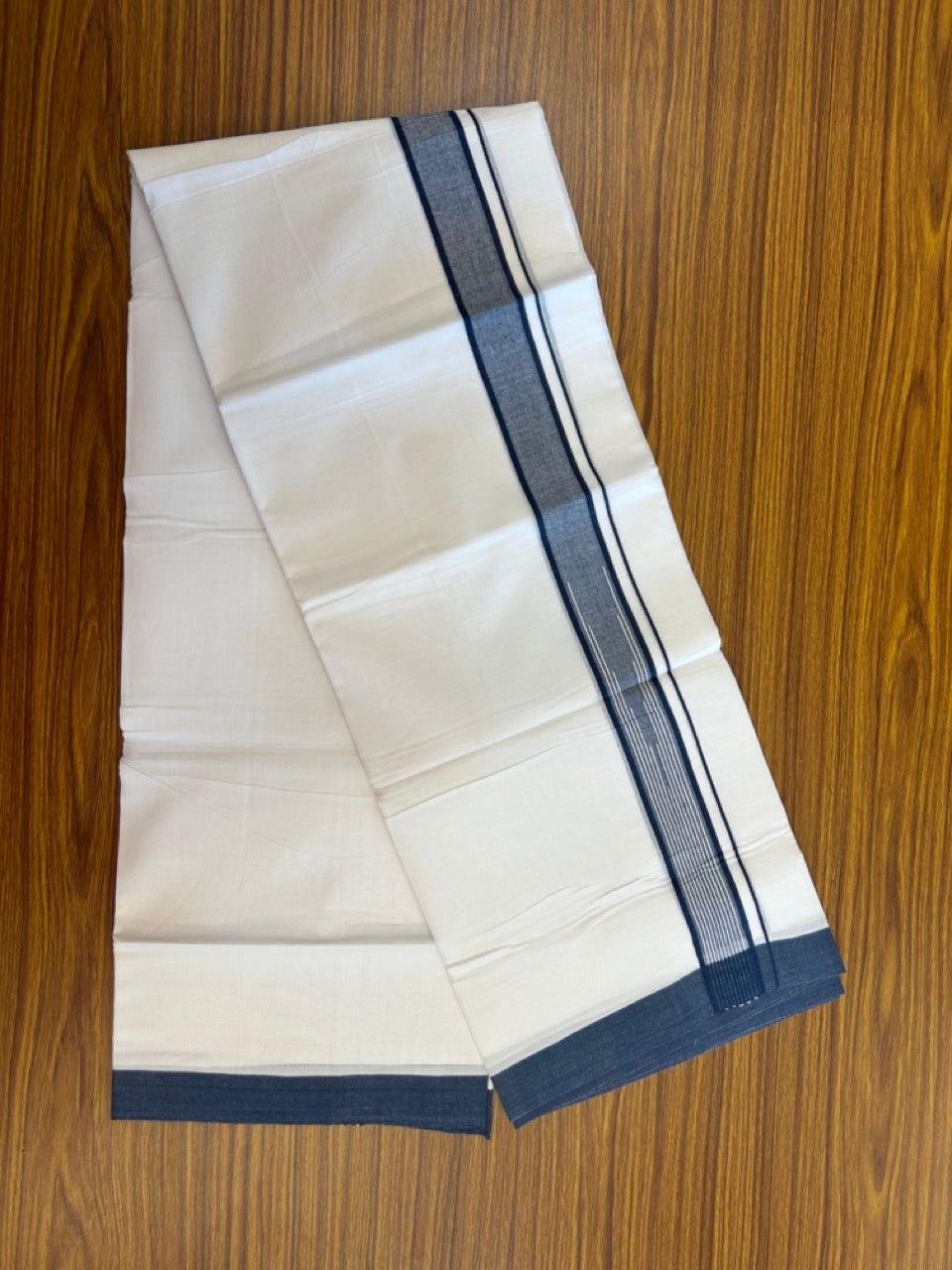 20% Discount ! Kaitharikada Balaramapuram 100% Pure Cotton Double Pure White Mundu/Dhoti - 100x80 - 1.5 inch Dark Peacock blue shaded white striped chutty 3.90 mtr (8.5 muzham) - 45 KK5287 PMC