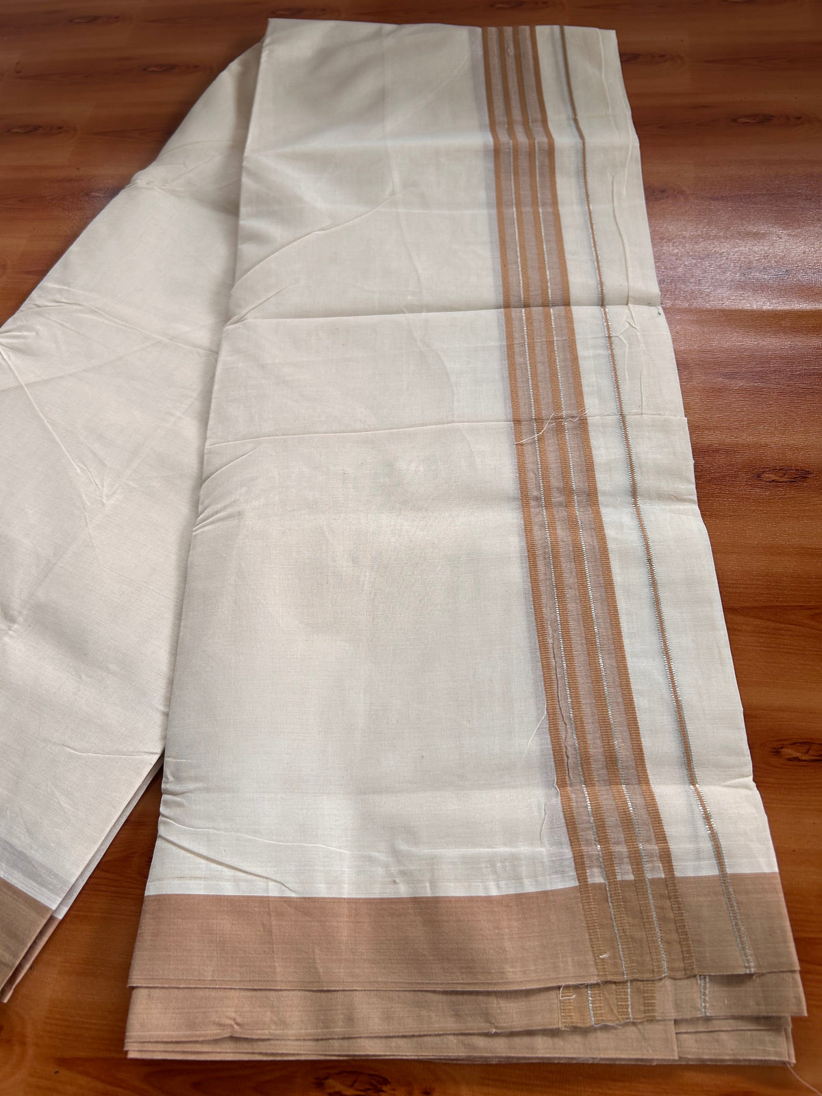 Double Off White (Unbleached) Mundu/Dhoti - 20% Discount! Kaitharikada 100% Pure Cotton - 100x80 - 1.5 inch Silver Kasav & Peanut Brown striped shaded Kara 4 mtr (8.5 muzham) - 17 KK5540 PMC