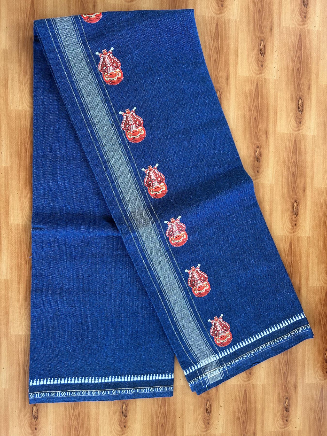 Single Kaily / Lungi - Mixed Cotton - 40s twisted - Theyyam Design Printed Kuppadam 2 inch White Stripes Kara with Dark Blue Colour Body (2 meter / 4 muzham) - 5 KK5423 GAN