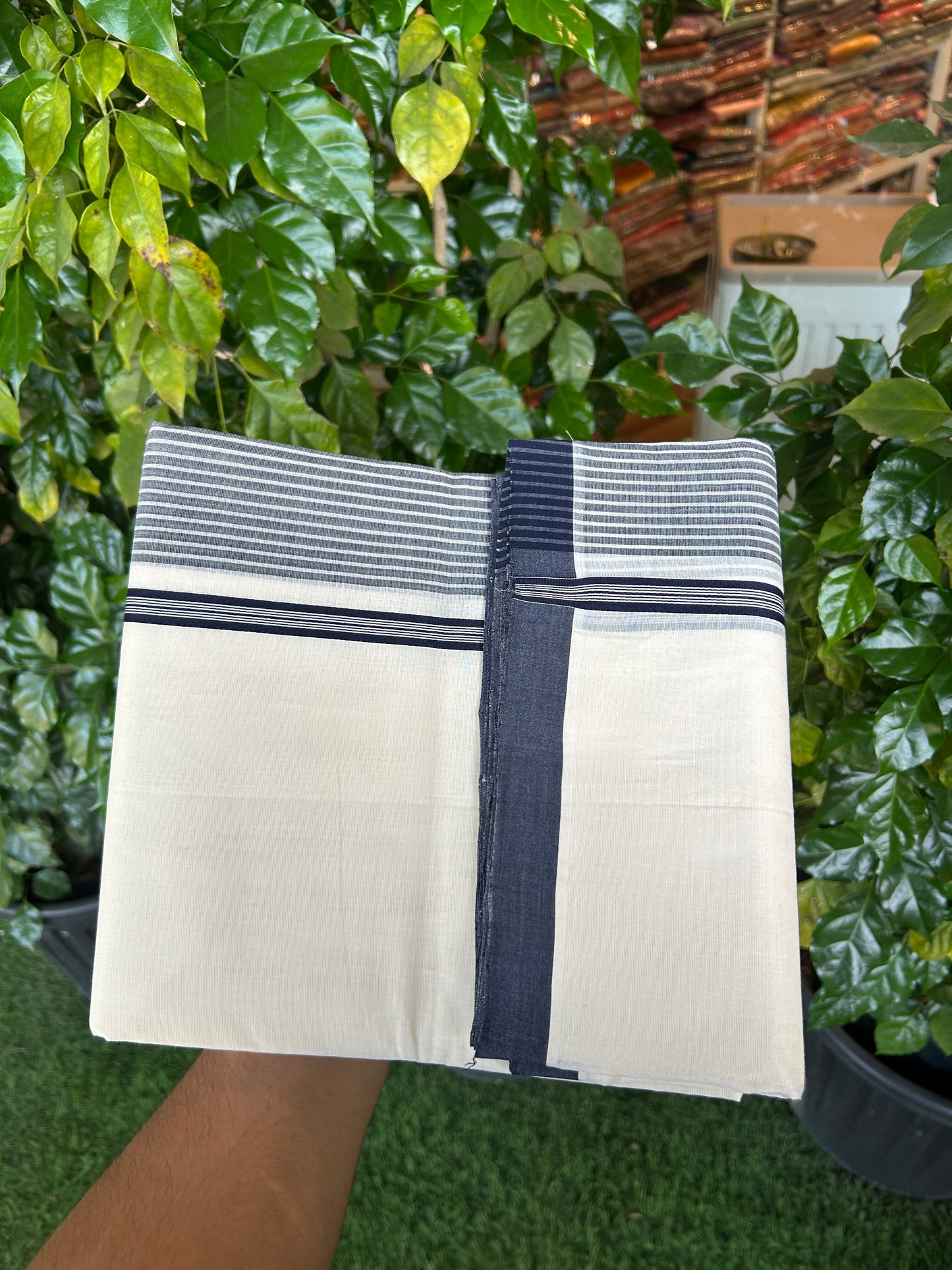 25% Discount!! KaithariKada Handloom Unakkupaav - Kerala Handloom - 100% Pure Cotton Off White (Unbleached) Double Mundu/Dothi - 100x80 - 4 inch Navy Blue Stripes Kara 3.80 mtr (8 muzham) - 19 KK5353 REA