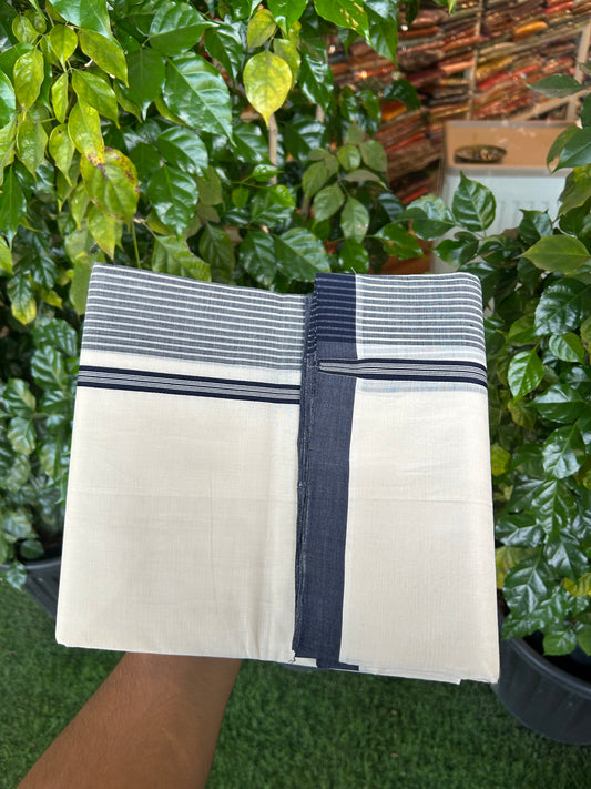 25% Discount!! KaithariKada Handloom Unakkupaav - Kerala Handloom - 100% Pure Cotton Off White (Unbleached) Double Mundu/Dothi - 100x80 - 4 inch Navy Blue Stripes Kara 3.80 mtr (8 muzham) - 19 KK5353 REA
