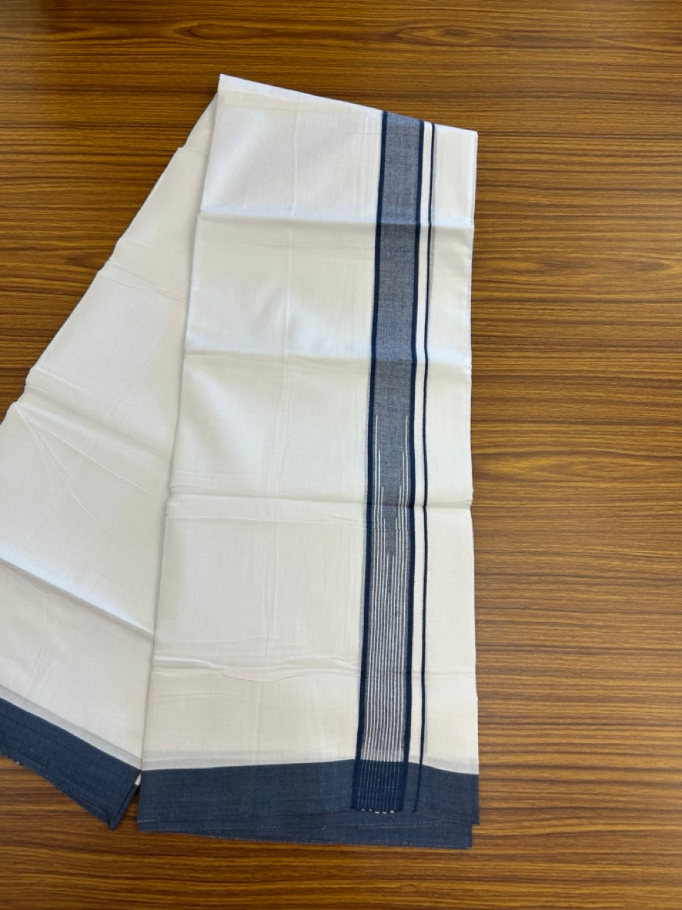 20% Discount ! Kaitharikada Balaramapuram 100% Pure Cotton Double Pure White Mundu/Dhoti - 100x80 - 1.5 inch Dark Peacock blue shaded white striped chutty 3.90 mtr (8.5 muzham) - 45 KK5287 PMC