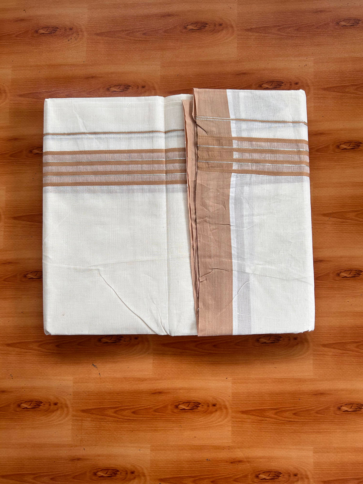 Double Off White (Unbleached) Mundu/Dhoti - 20% Discount! Kaitharikada 100% Pure Cotton - 100x80 - 1.5 inch Silver Kasav & Peanut Brown striped shaded Kara 4 mtr (8.5 muzham) - 17 KK5540 PMC