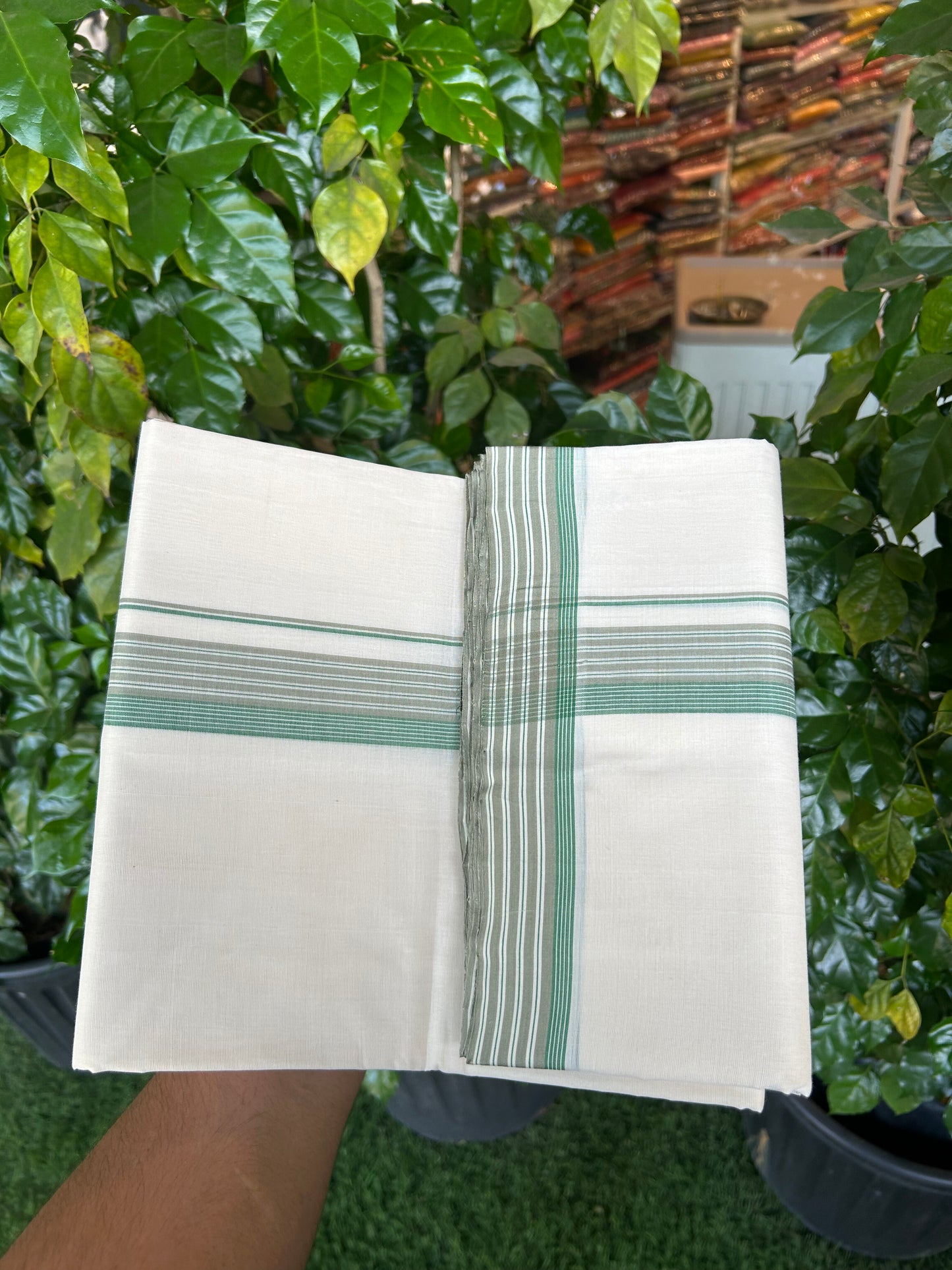 25% Discount!! KaithariKada Handloom Unakkupaav - Kerala Handloom - 100% Pure Cotton Off White (Unbleached) Double Mundu/Dothi - 100x80 - 1.25 inch Sage Green & Green shaded Kara 3.80 mtr (8 muzham) - 31 KK5353 REA