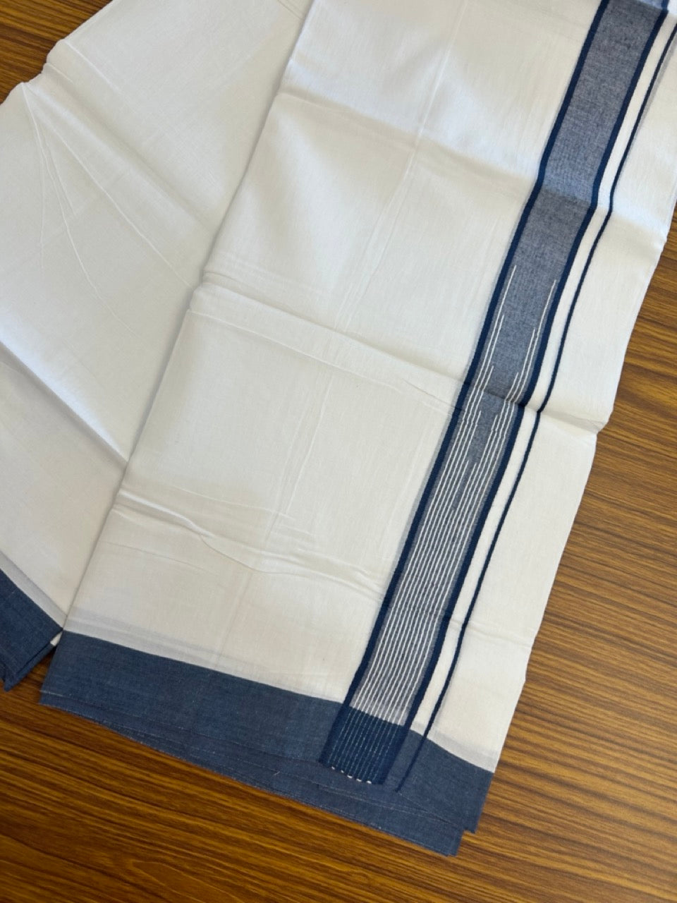20% Discount ! Kaitharikada Balaramapuram 100% Pure Cotton Double Pure White Mundu/Dhoti - 100x80 - 1.5 inch Dark Peacock blue shaded white striped chutty 3.90 mtr (8.5 muzham) - 45 KK5287 PMC