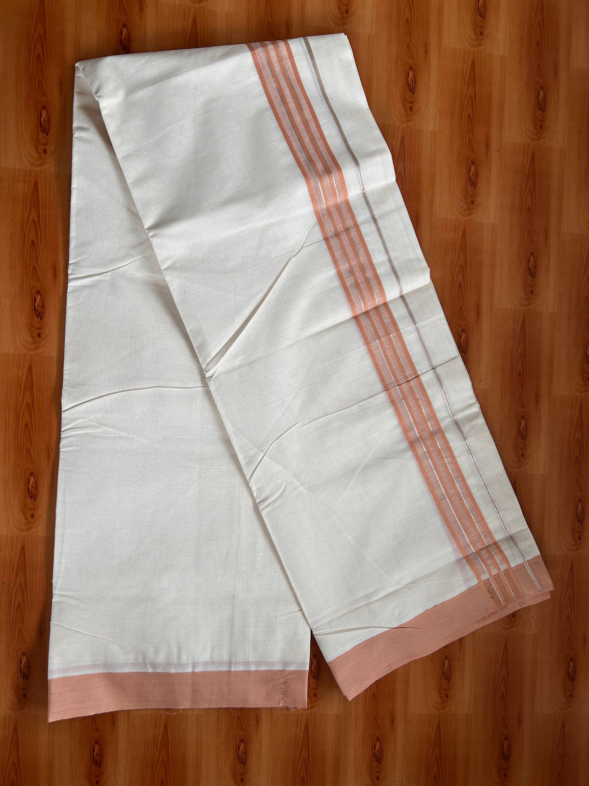 Double Off White (Unbleached) Mundu/Dhoti - 20% Discount! Kaitharikada 100% Pure Cotton - 100x80 - 1.5 inch Silver Kasav & Orange Brown striped shaded Kara 4 mtr (8.5 muzham) - 19 KK5540 PMC