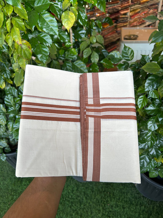 25% Discount!! KaithariKada Handloom Unakkupaav - Kerala Handloom - 100% Pure Cotton Off White (Unbleached) Double Mundu/Dothi - 100x80 - 1.5 inch Brown Stripes Kara 3.80 mtr (8 muzham) - 25 KK5353 REA