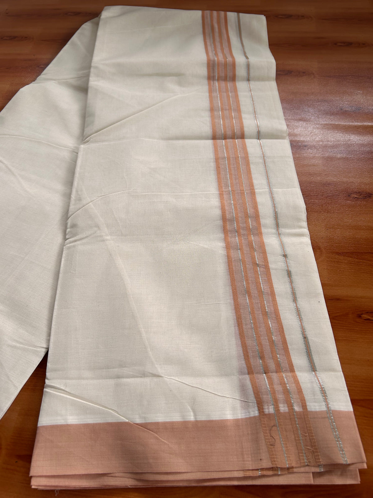 Double Off White (Unbleached) Mundu/Dhoti - 20% Discount! Kaitharikada 100% Pure Cotton - 100x80 - 1.5 inch Silver Kasav & Orange Brown striped shaded Kara 4 mtr (8.5 muzham) - 19 KK5540 PMC