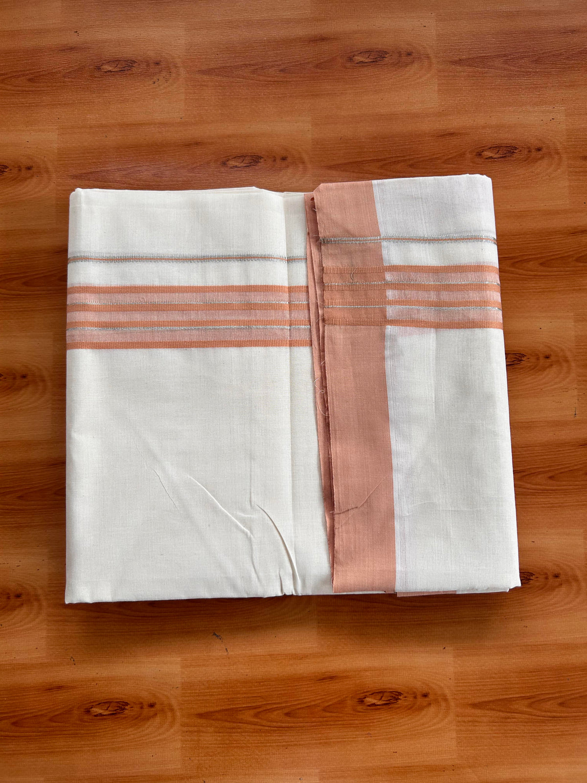 Double Off White (Unbleached) Mundu/Dhoti - 20% Discount! Kaitharikada 100% Pure Cotton - 100x80 - 1.5 inch Silver Kasav & Orange Brown striped shaded Kara 4 mtr (8.5 muzham) - 19 KK5540 PMC