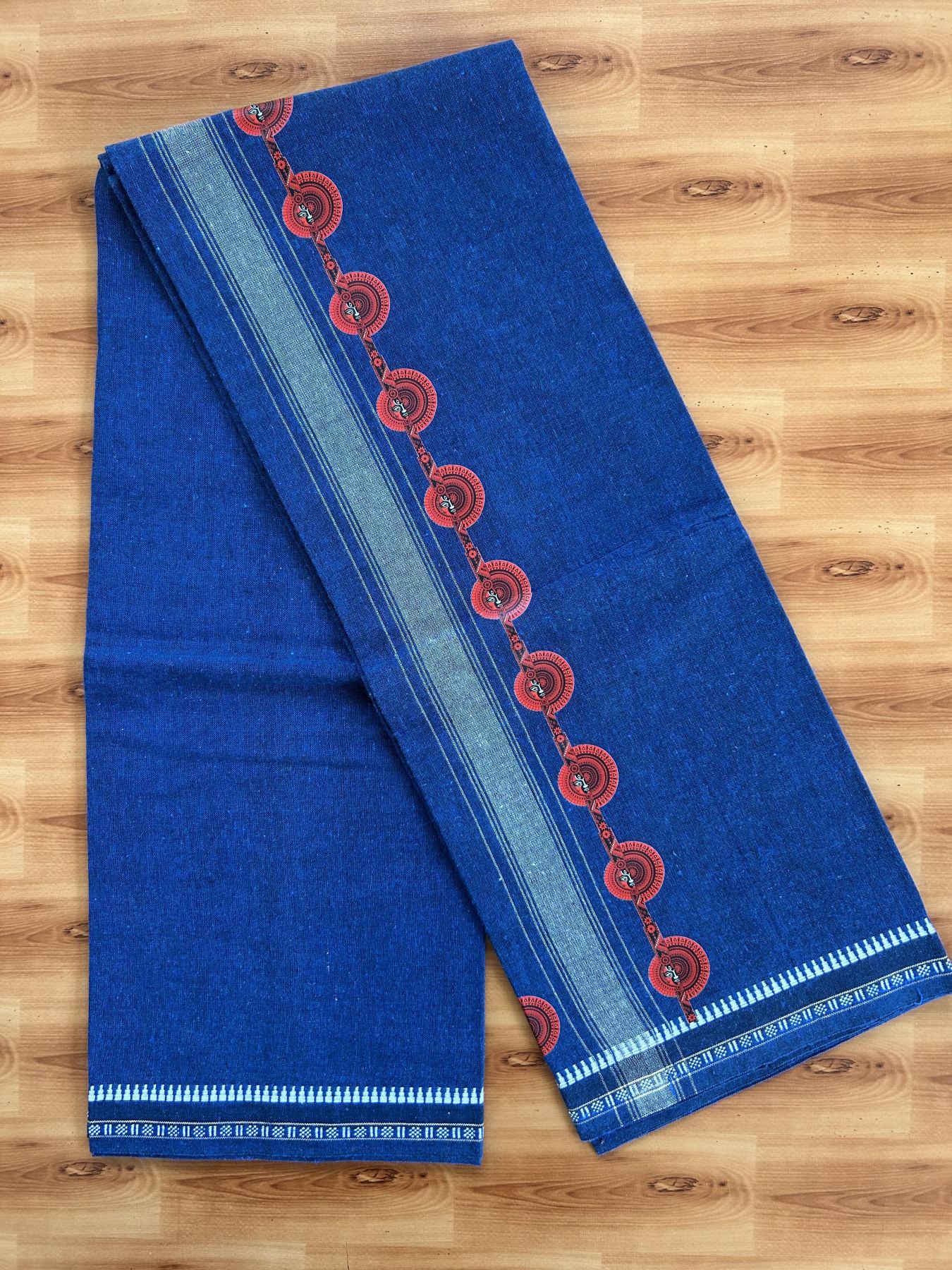 Single Kaily / Lungi - Mixed Cotton - 40s twisted - Theyyam Design Printed Kuppadam 2 inch White Stripes Kara with Dark Blue Colour Body (2 meter / 4 muzham) - 6 KK5423 GAN