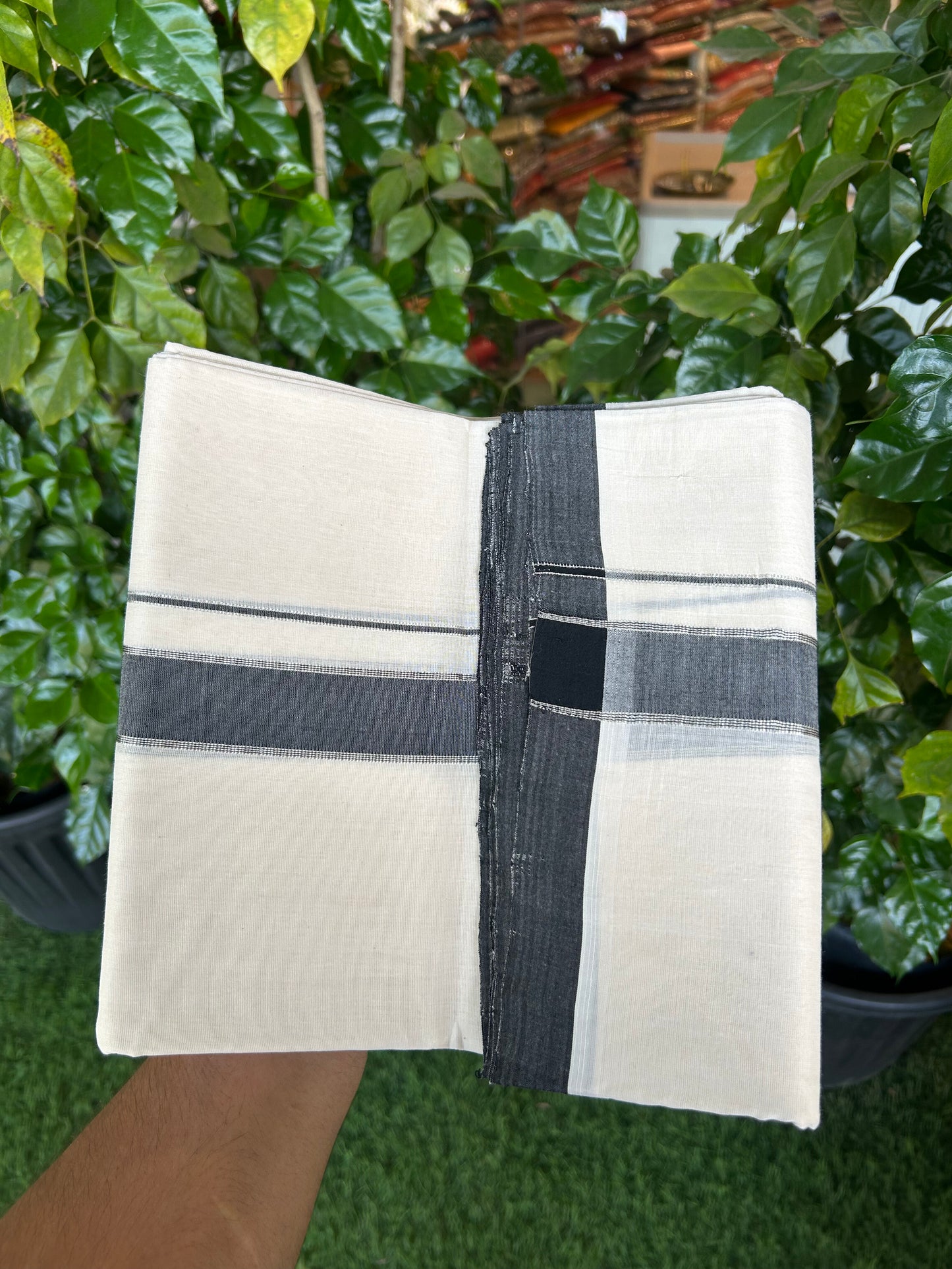 Short Dhoti Special! 25% Discount!! KaithariKada Handloom Unakkupaav - Kerala Handloom - 100% Pure Cotton Off White (Unbleached) Double Mundu/Dothi - 100x80 - 46 inches Height 1 inch Silver Kasav & Black Shaded Kara 3.70 mtr (8 muzham) - 37 KK5353 REA