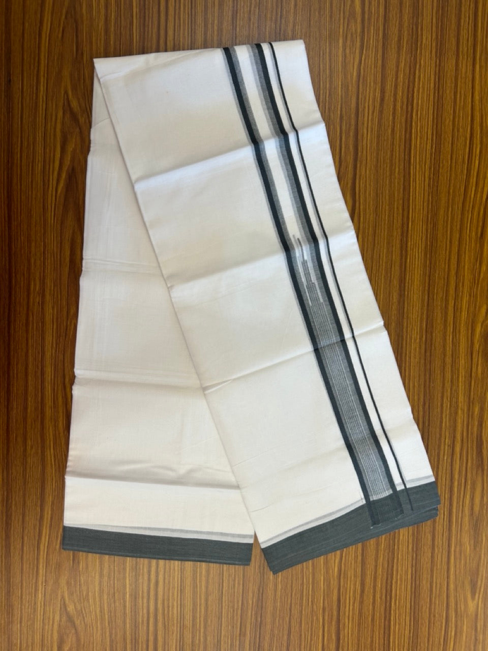 20% Discount ! Kaitharikada Balaramapuram 100% Pure Cotton Double Pure White Mundu/Dhoti - 100x80 - 1.5 inch Dark Green striped temple chutty 3.90 mtr (8.5 muzham) - 54 KK5287 PMC