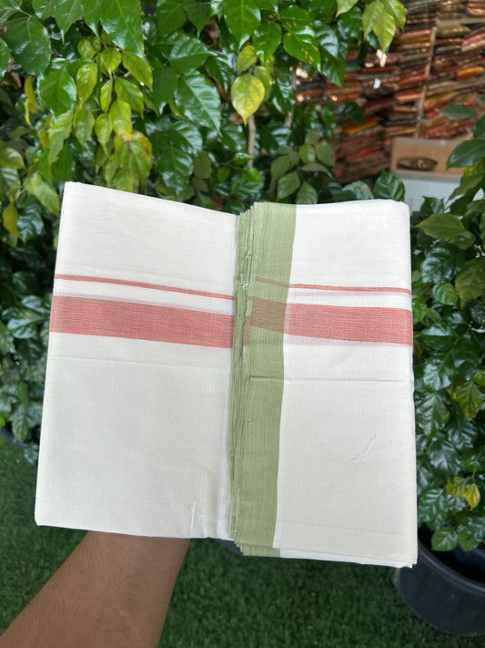 25% Discount!! KaithariKada Handloom Unakkupaav - Kerala Handloom - 100% Pure Cotton Off White (Unbleached) Double Mundu/Dothi - 100x80 - 1 inch Parrot Green & Orange shaded Kara 3.80 mtr (8 muzham) - 30 KK5353 REA