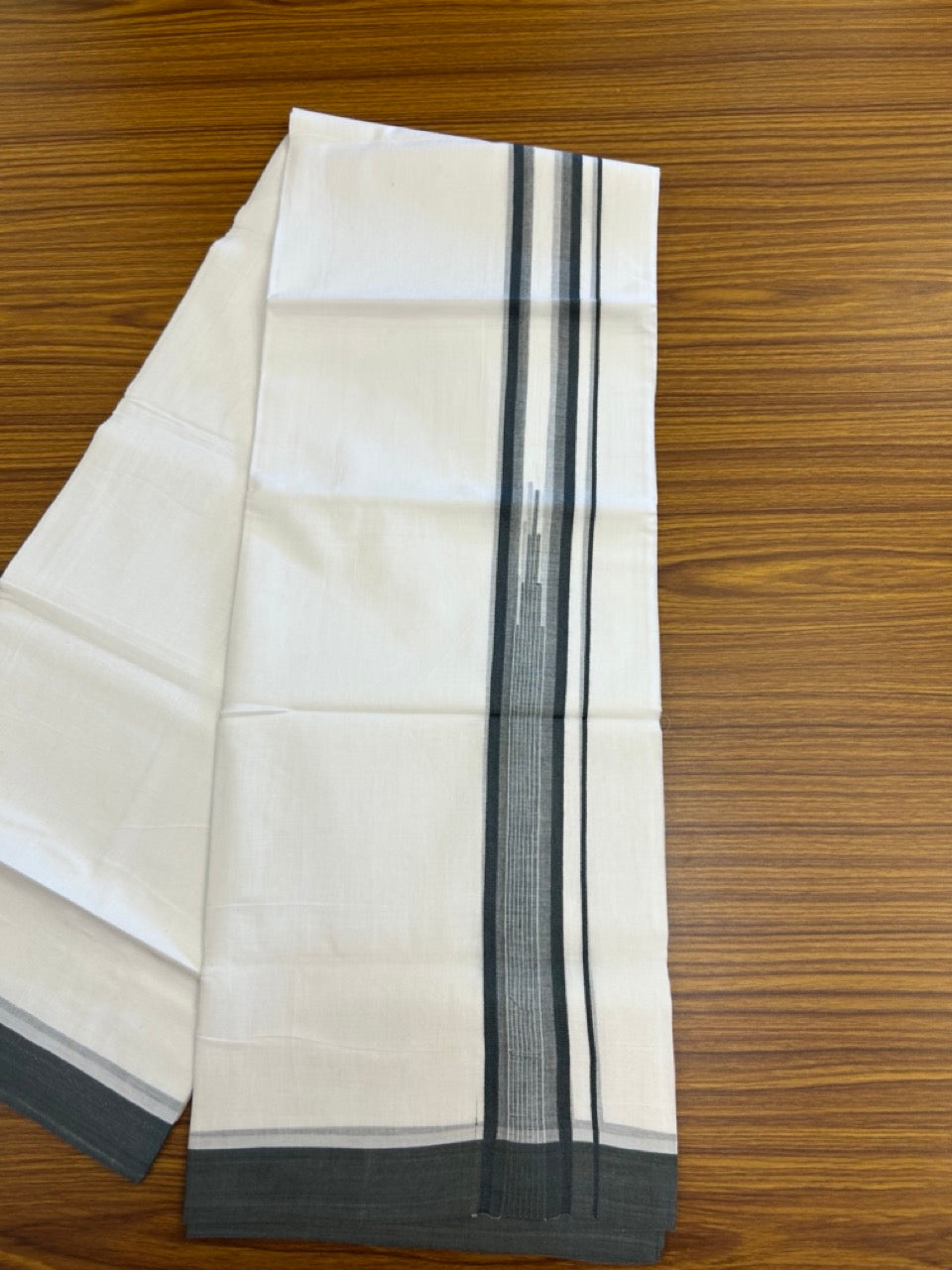 20% Discount ! Kaitharikada Balaramapuram 100% Pure Cotton Double Pure White Mundu/Dhoti - 100x80 - 1.5 inch Dark Green striped temple chutty 3.90 mtr (8.5 muzham) - 54 KK5287 PMC