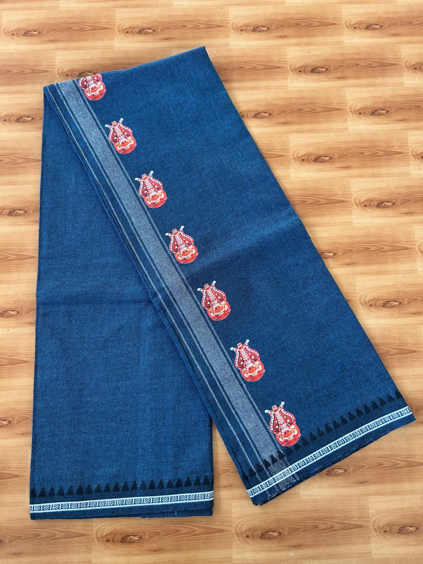 Single Kaily / Lungi - Mixed Cotton - 40s twisted - Theyyam Design Printed Kuppadam 1.75 inch White Stripes Kara with Dark Peacock Blue Colour Body (2 meter / 4 muzham) - 9 KK5423 GAN