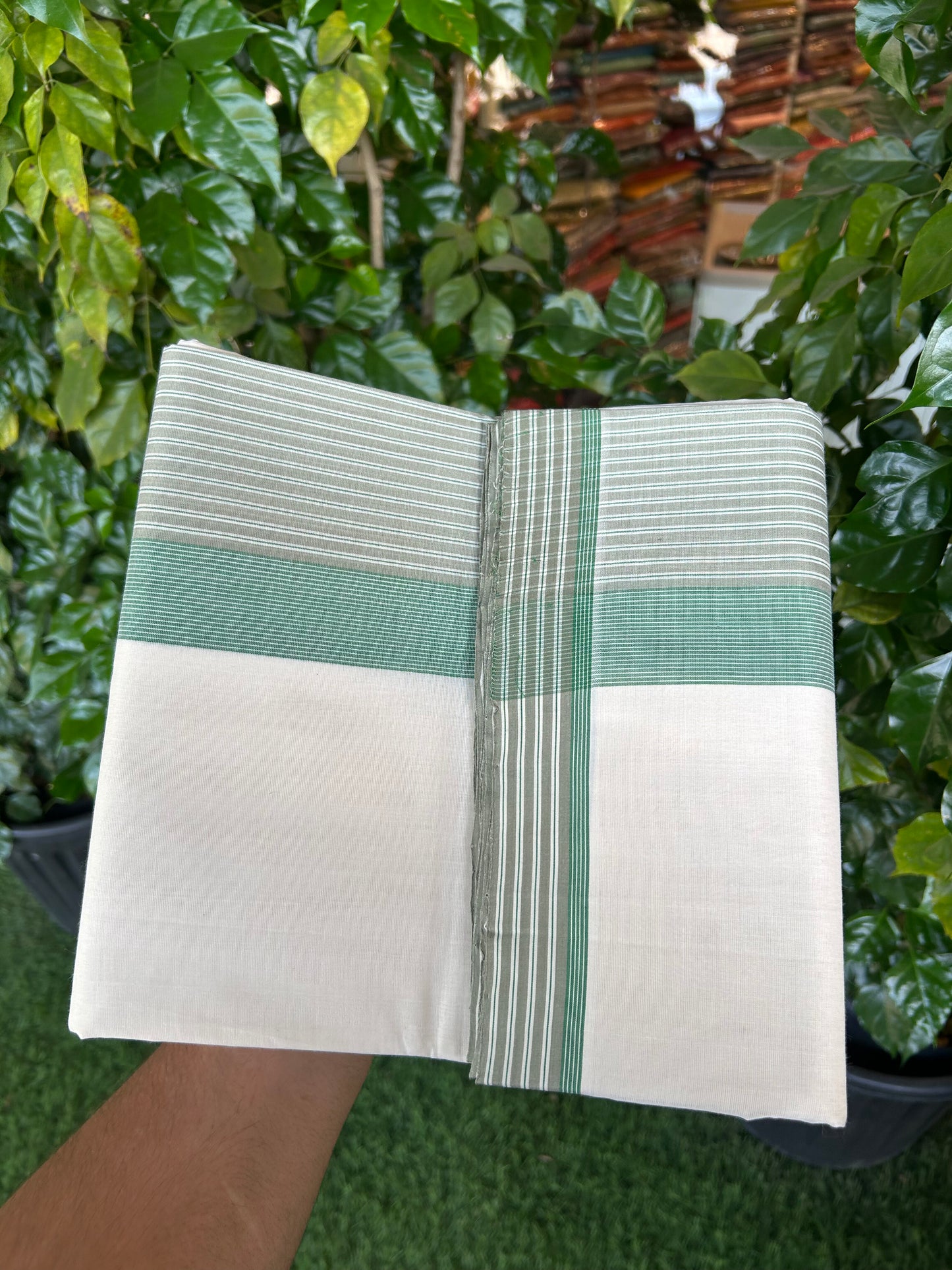 25% Discount!! KaithariKada Handloom Unakkupaav - Kerala Handloom - 100% Pure Cotton Off White (Unbleached) Double Mundu/Dothi - 100x80 - 4.5 inch Sage Green & Green Stripes Kara 3.80 mtr (8 muzham) - 23 KK5353 REA