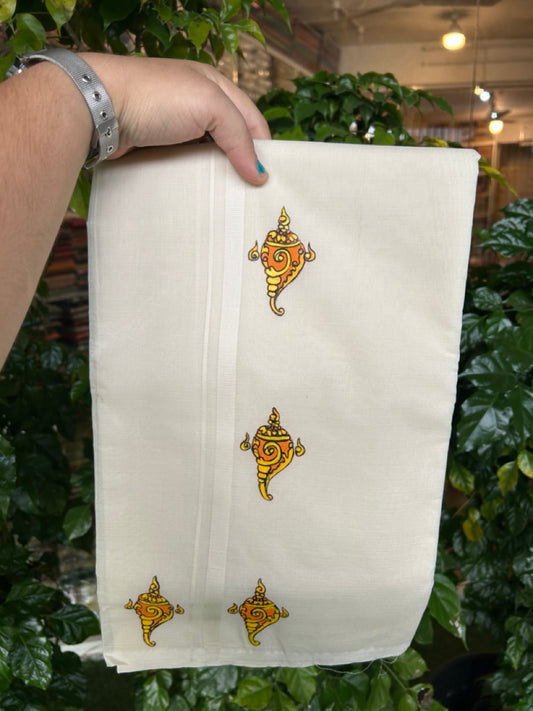 KaithariKada Balaramapuram 100% Cotton Double Off white - (Unbleached) Mundu/Dhoti-100x80 - 0.5 inch Hand Painted Orange & Yellow Mural Design Kara 3.75 mtr (8 muzham) - 10 KK5244 ASH