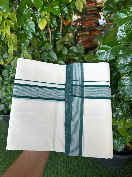 25% Discount!! KaithariKada Handloom Unakkupaav - Kerala Handloom - 100% Pure Cotton Off White (Unbleached) Double Mundu/Dothi - 100x80 - 1.5 inch Green shaded Kara 3.80 mtr (8 muzham) - 29 KK5353 REA