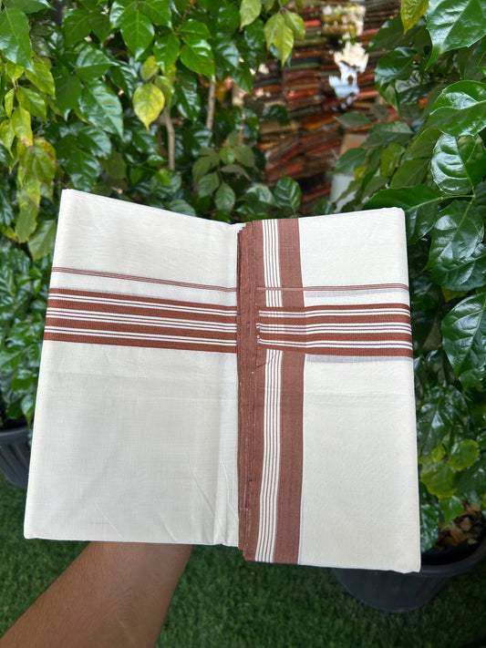 25% Discount!! KaithariKada Handloom Unakkupaav - Kerala Handloom - 100% Pure Cotton Off White (Unbleached) Double Mundu/Dothi - 100x80 - 1.5 inch Brown Stripes Kara 3.80 mtr (8 muzham) - 26 KK5353 REA