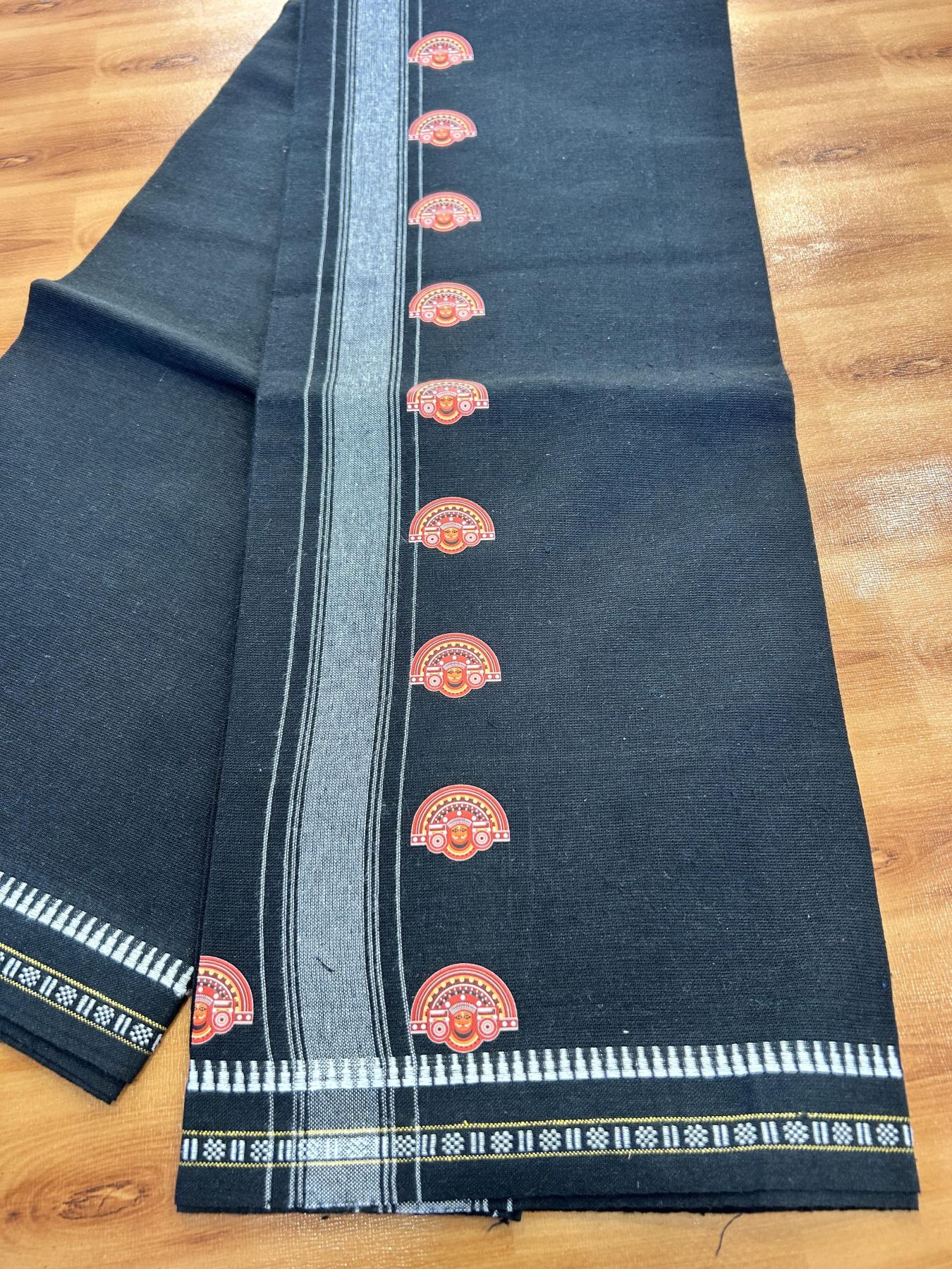 Single Kaily / Lungi - Mixed Cotton - 40s twisted - Theyyam Design Printed Kuppadam 2 inch White Stripes Kara with Black Colour Body (2 meter / 4 muzham) - 3 KK5423 GAN