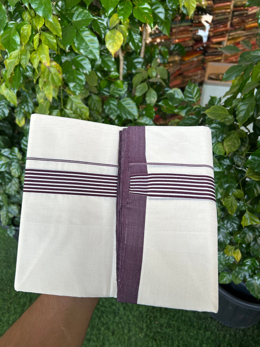 25% Discount!! KaithariKada Handloom Unakkupaav - Kerala Handloom - 100% Pure Cotton Off White (Unbleached) Double Mundu/Dothi - 100x80 - 1.25 inch Wine Purple shaded Kara 3.80 mtr (8 muzham) - 32 KK5353 REA