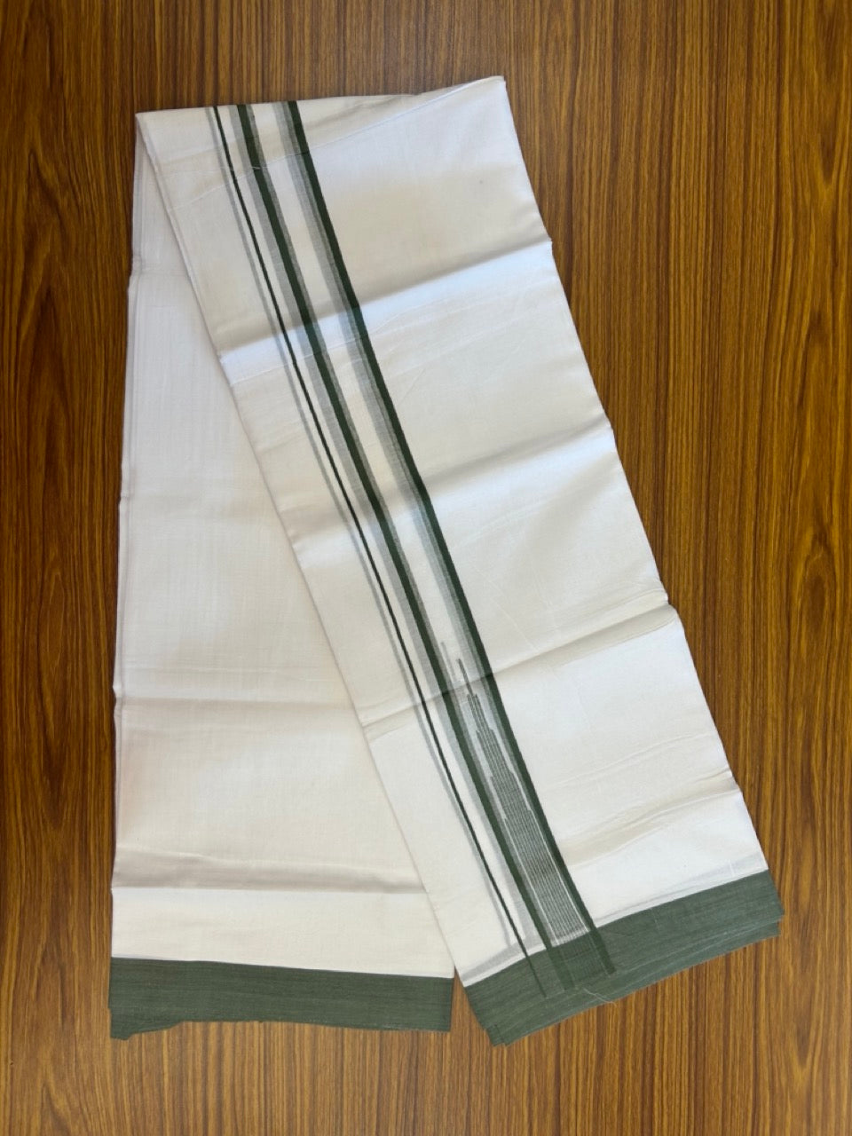 20% Discount ! Kaitharikada Balaramapuram 100% Pure Cotton Double Pure White Mundu/Dhoti - 100x80 - 1.25 inch Army Green striped temple chutty 3.90 mtr (8.5 muzham) - 52 KK5287 PMC
