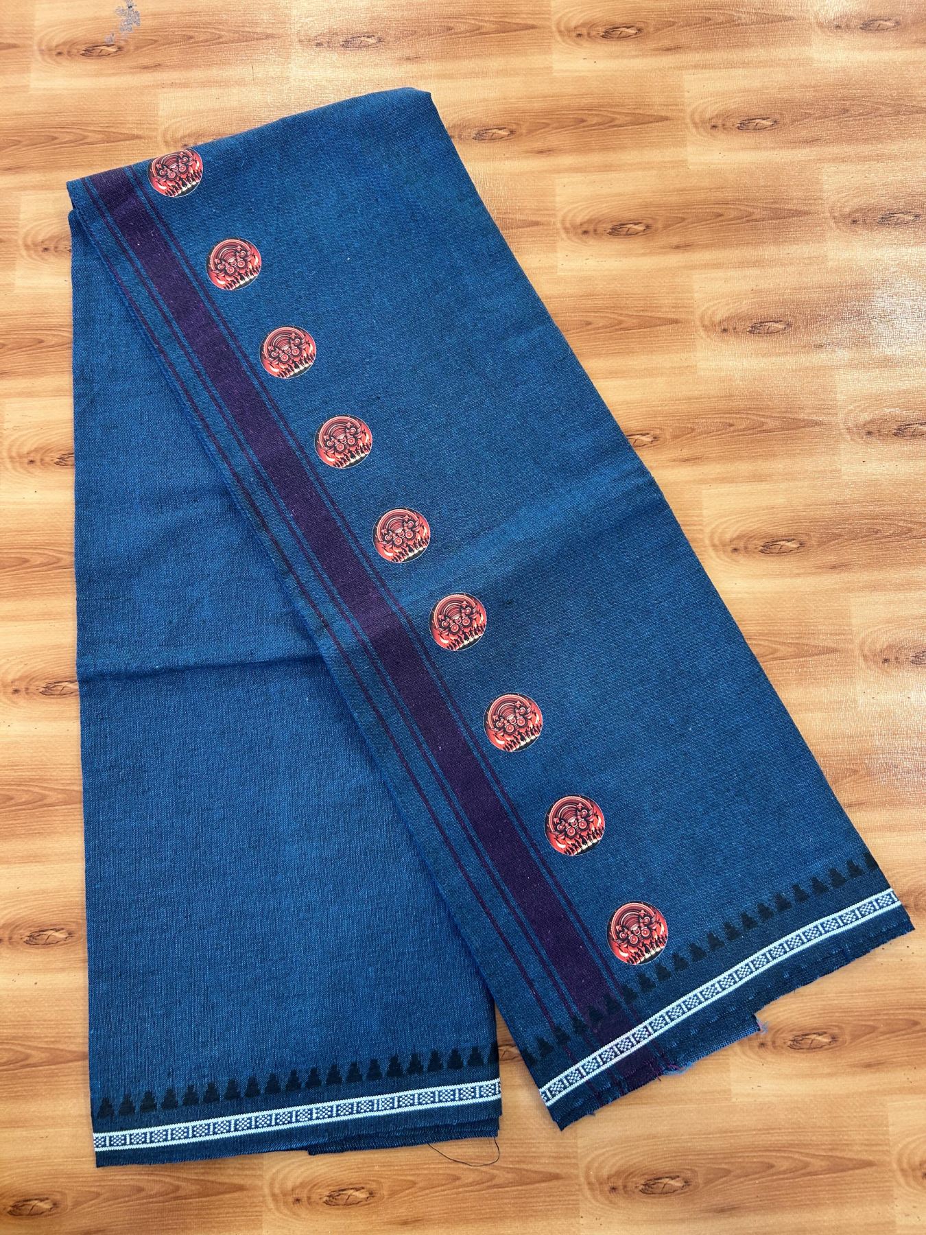 Single Kaily / Lungi - Mixed Cotton - 40s twisted - Theyyam Design Printed Kuppadam 1.75 inch Purple Wine Stripes Kara with Dark Peacock Blue Colour Body (2 meter / 4 muzham) - 8 KK5423 GAN