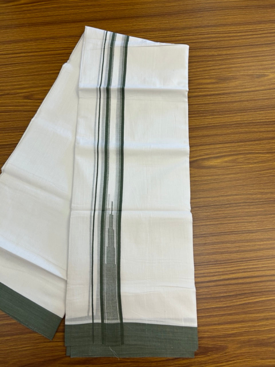 20% Discount ! Kaitharikada Balaramapuram 100% Pure Cotton Double Pure White Mundu/Dhoti - 100x80 - 1.25 inch Army Green striped temple chutty 3.90 mtr (8.5 muzham) - 52 KK5287 PMC