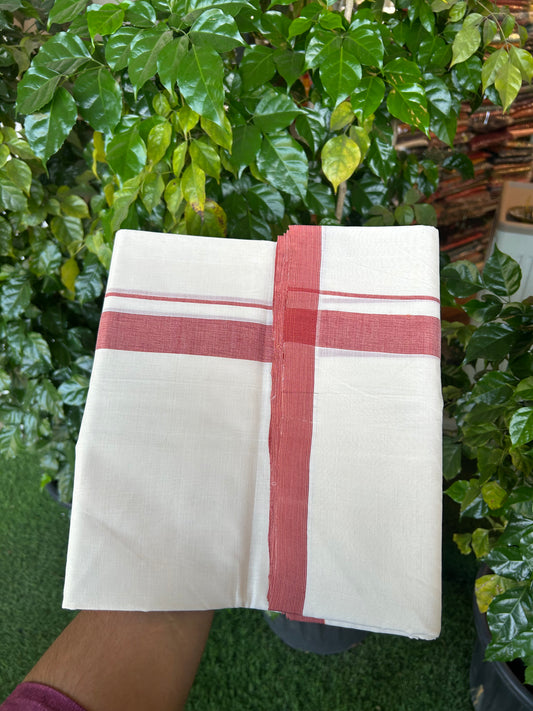 25% Discount! KaithariKada Handloom Unakkupaav   - Kerala Handloom - 100% Pure Cotton Off White (Unbleached) Double Mundu/Dothi - 100x80 - 1.25 inch Maroon & Peach Kara 4.5 Meters (10 Muzham) - 7 KK5353 REA
