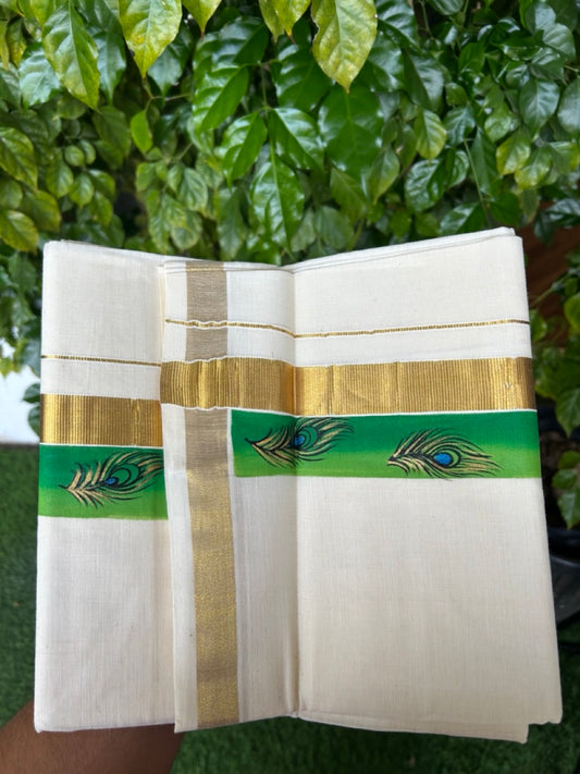 29% Discount! KaithariKada Balaramapuram 100% Cotton off white Double - (Unbleached) Mundu/Dhoti- 80x90 - Gold Kasavu HAND PAINT Dark Green & Light Green Peacock Feather Krishna Pattern 2.25 inch Kara - 26KK5212 VIN