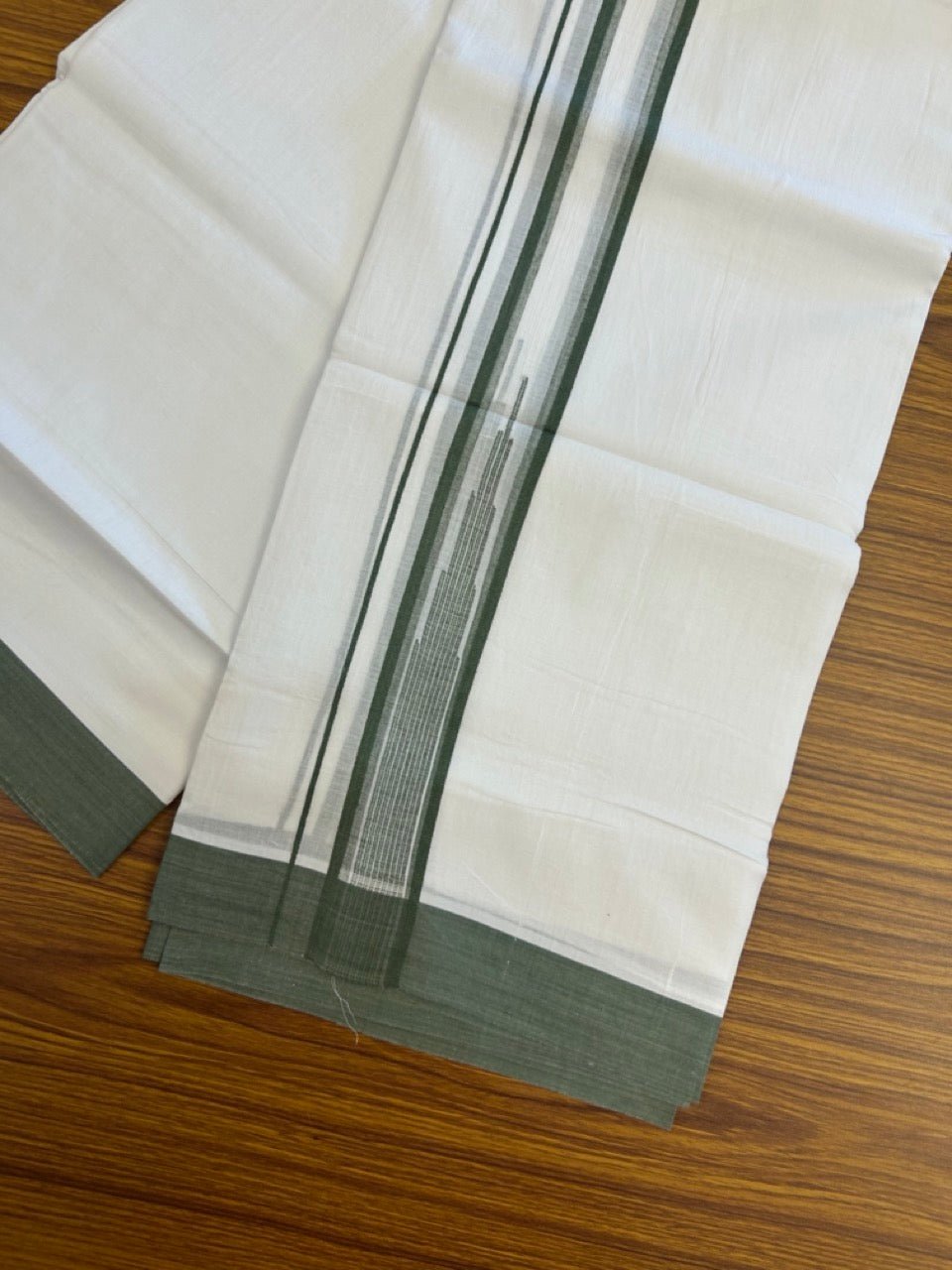 20% Discount ! Kaitharikada Balaramapuram 100% Pure Cotton Double Pure White Mundu/Dhoti - 100x80 - 1.25 inch Army Green striped temple chutty 3.90 mtr (8.5 muzham) - 52 KK5287 PMC
