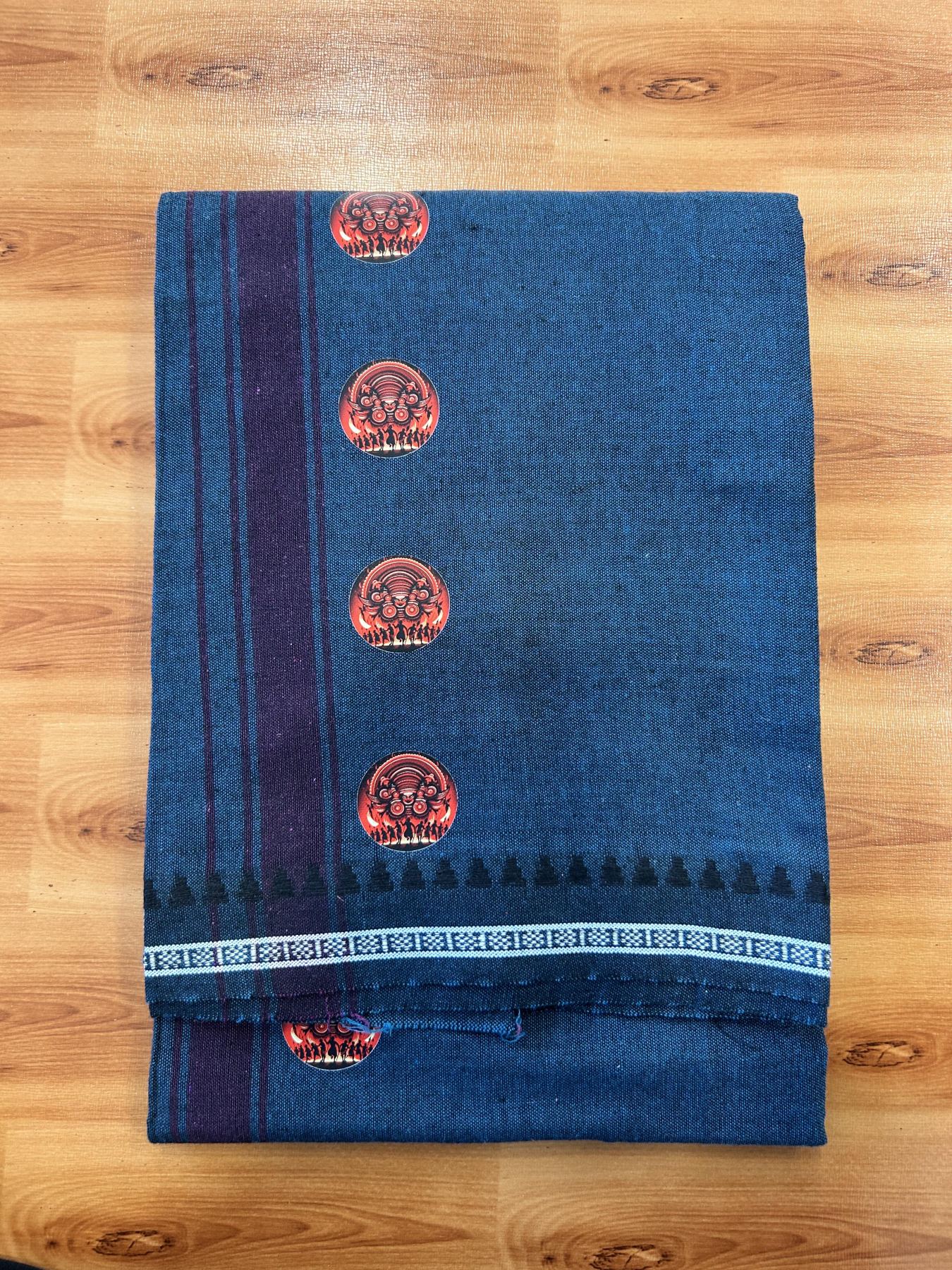 Single Kaily / Lungi - Mixed Cotton - 40s twisted - Theyyam Design Printed Kuppadam 1.75 inch Purple Wine Stripes Kara with Dark Peacock Blue Colour Body (2 meter / 4 muzham) - 8 KK5423 GAN