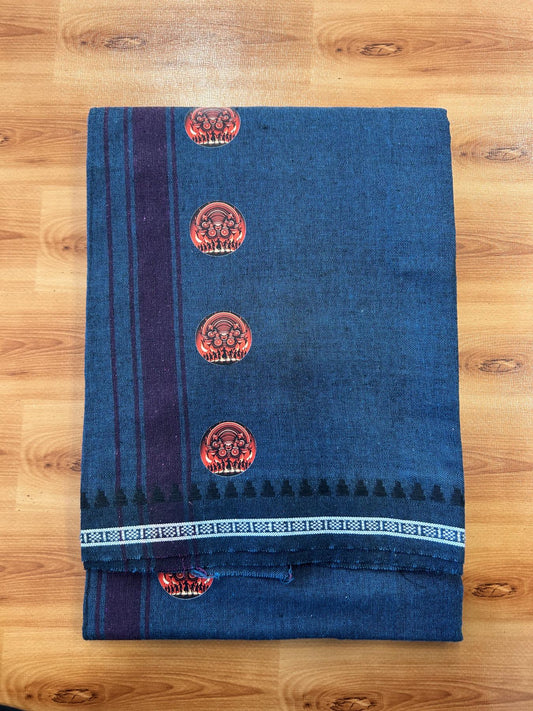 Single Kaily / Lungi - Mixed Cotton - 40s twisted - Theyyam Design Printed Kuppadam 1.75 inch Purple Wine Stripes Kara with Dark Peacock Blue Colour Body (2 meter / 4 muzham) - 8 KK5423 GAN