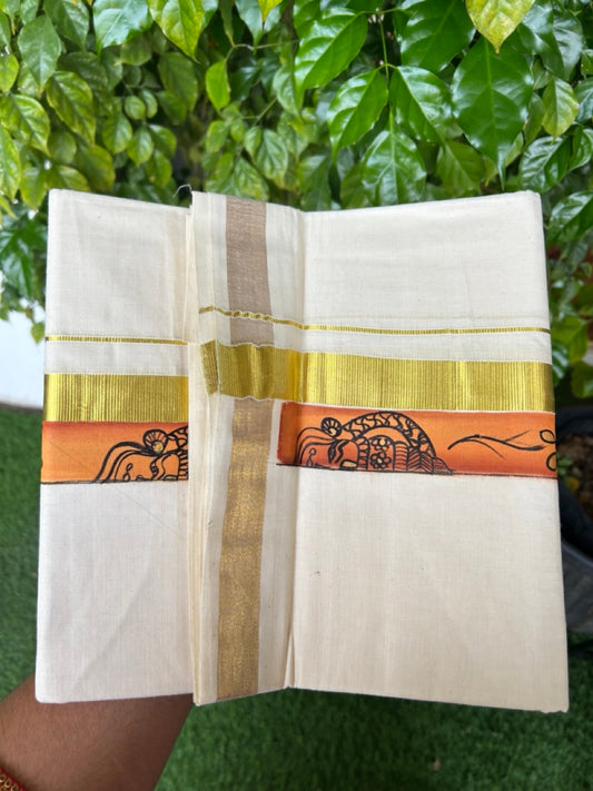 29% Discount! KaithariKada Balaramapuram 100% Cotton off white Double - (Unbleached) Mundu/Dhoti- 80x90 - Gold Kasavu HAND PAINT Orange & Yellow Kathakali Flower Pattern 2.25 inch Kara - 24KK5212 VIN