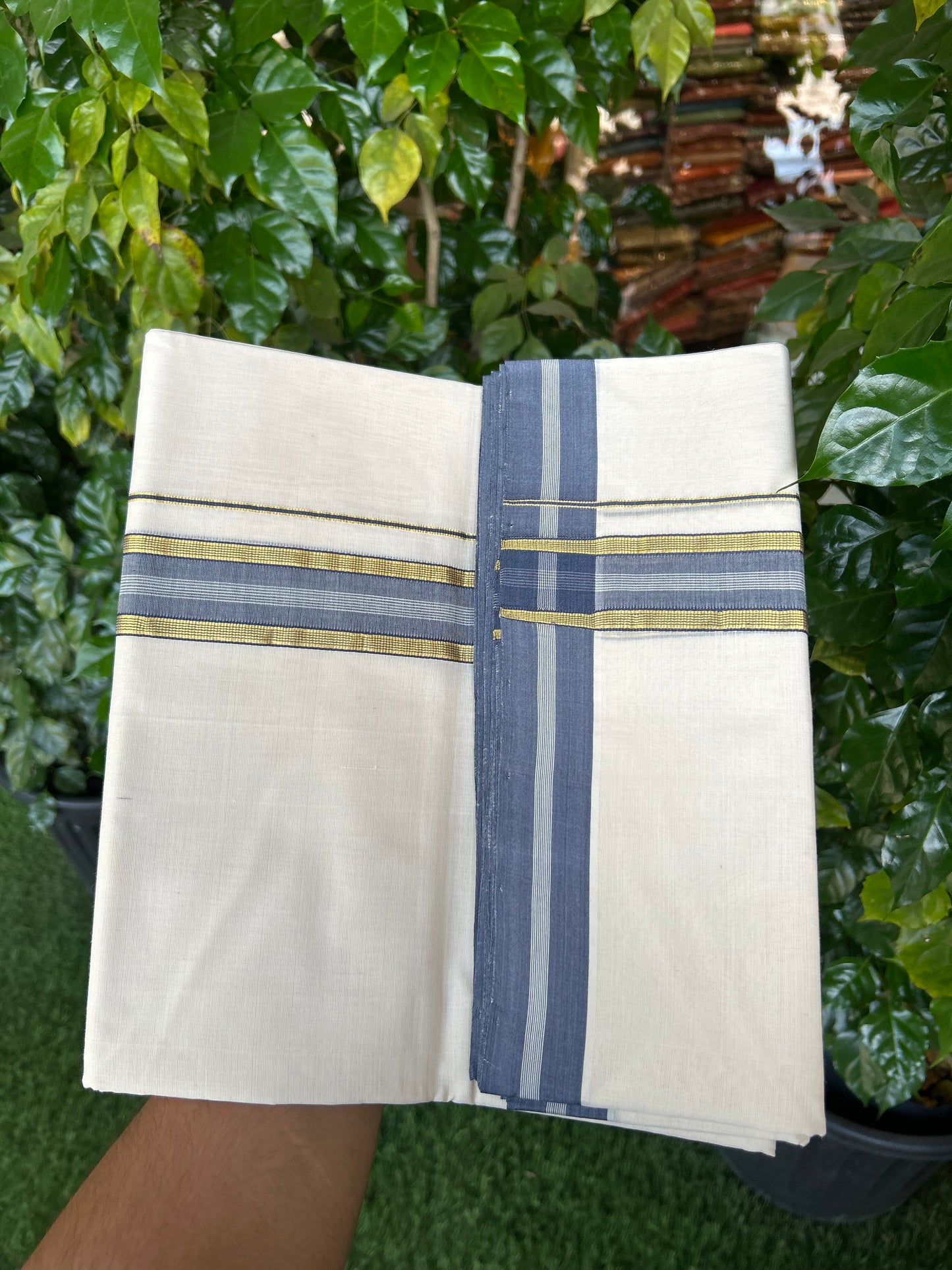 25% Discount! KaithariKada Handloom Unakkupaav   - Kerala Handloom - 100% Pure Cotton Off White (Unbleached) Double Mundu/Dothi - 100x80 - 1.5 inch Gold Kasav & Ash Blue Striped Kara 4.5 Meters (10 Muzham) - 4 KK5353 REA