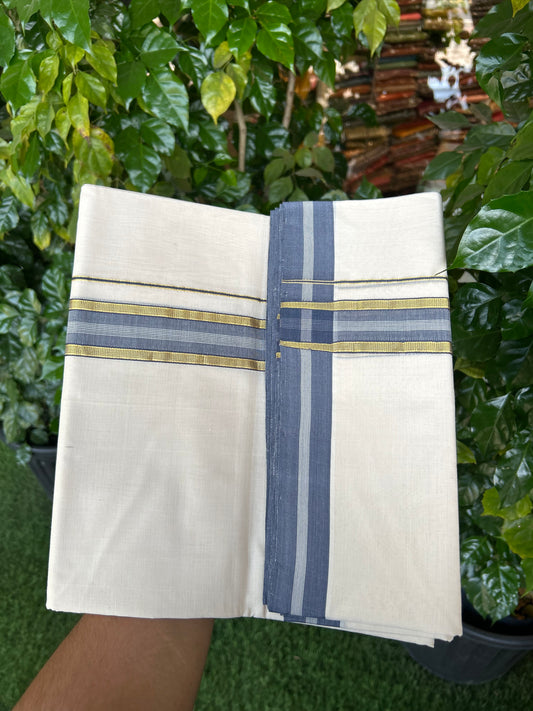 25% Discount! KaithariKada Handloom Unakkupaav   - Kerala Handloom - 100% Pure Cotton Off White (Unbleached) Double Mundu/Dothi - 100x80 - 1.5 inch Gold Kasav & Ash Blue Striped Kara 4.5 Meters (10 Muzham) - 4 KK5353 REA